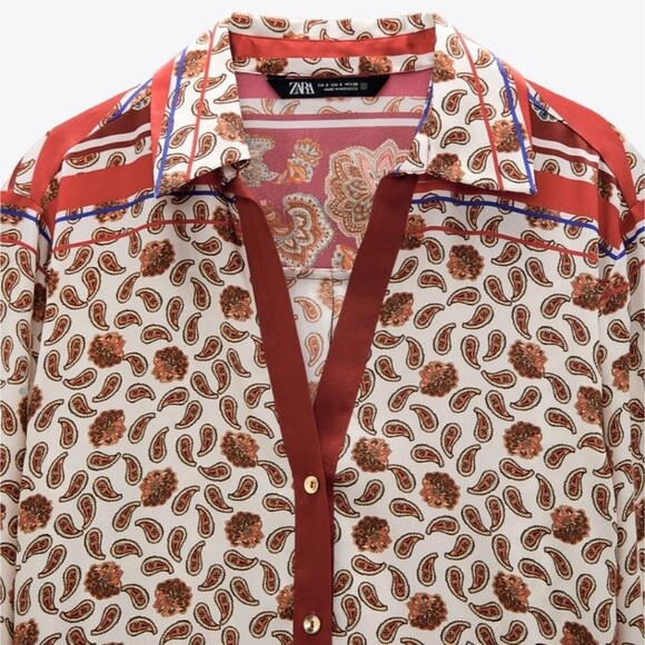 Zara Paisley Floral Printed Satin Button Front Shirt Blouse Women's Medium - Picture 6 of 16